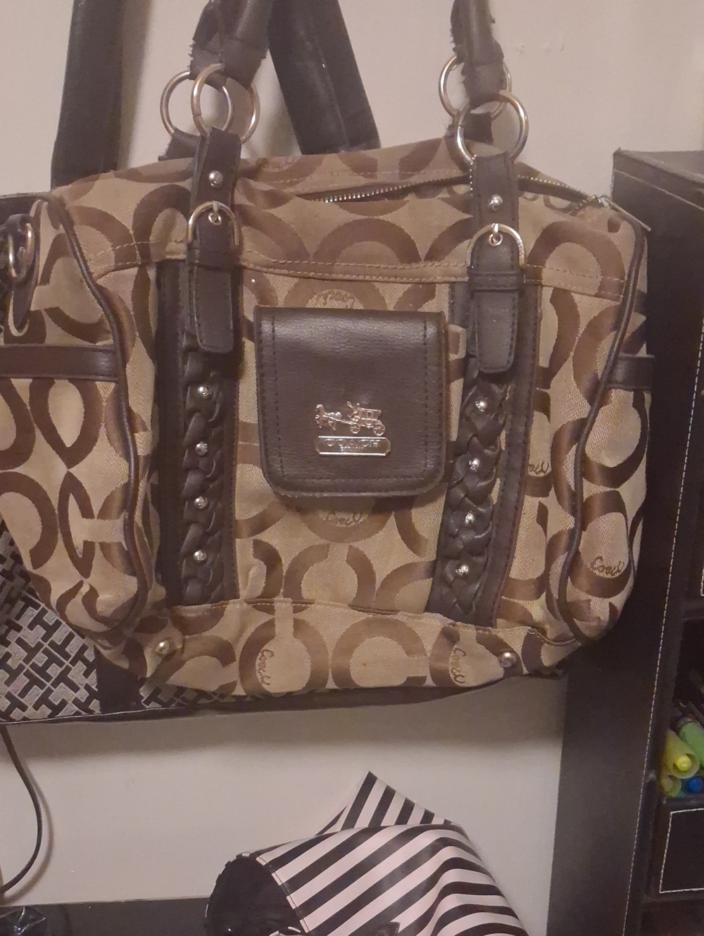 Coach Tan Signature Canvas Shoulder Bag with Brown Trim